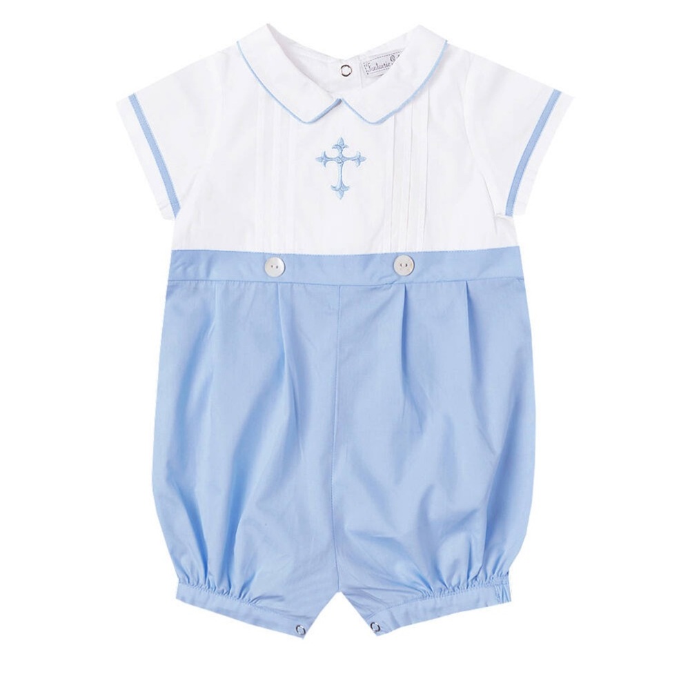 FANTAISIE BEBES VGUC Classic Boys Blue Embroidered Cross Collared Romper